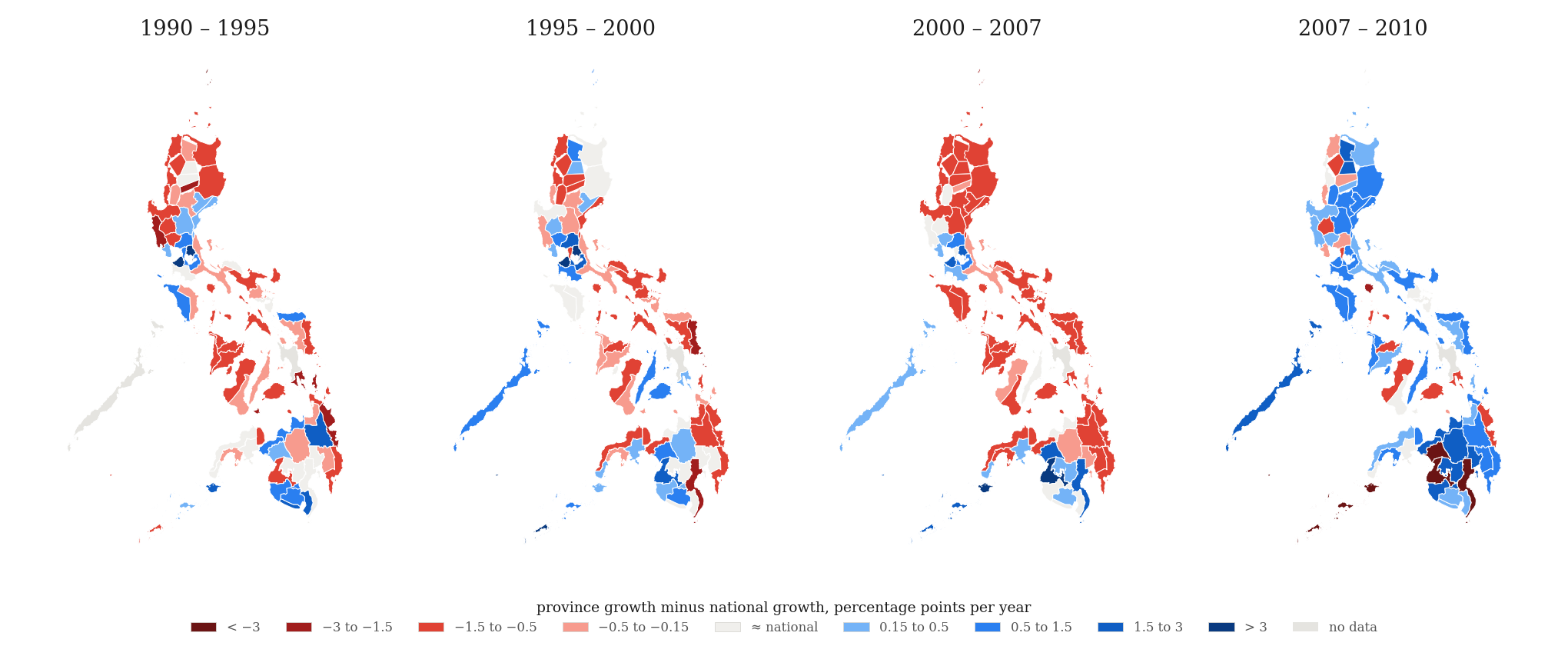 Four maps of provinces: growth relative to the national rate for 1990-1995, 1995-2000, 2000-2007, and 2007-2010